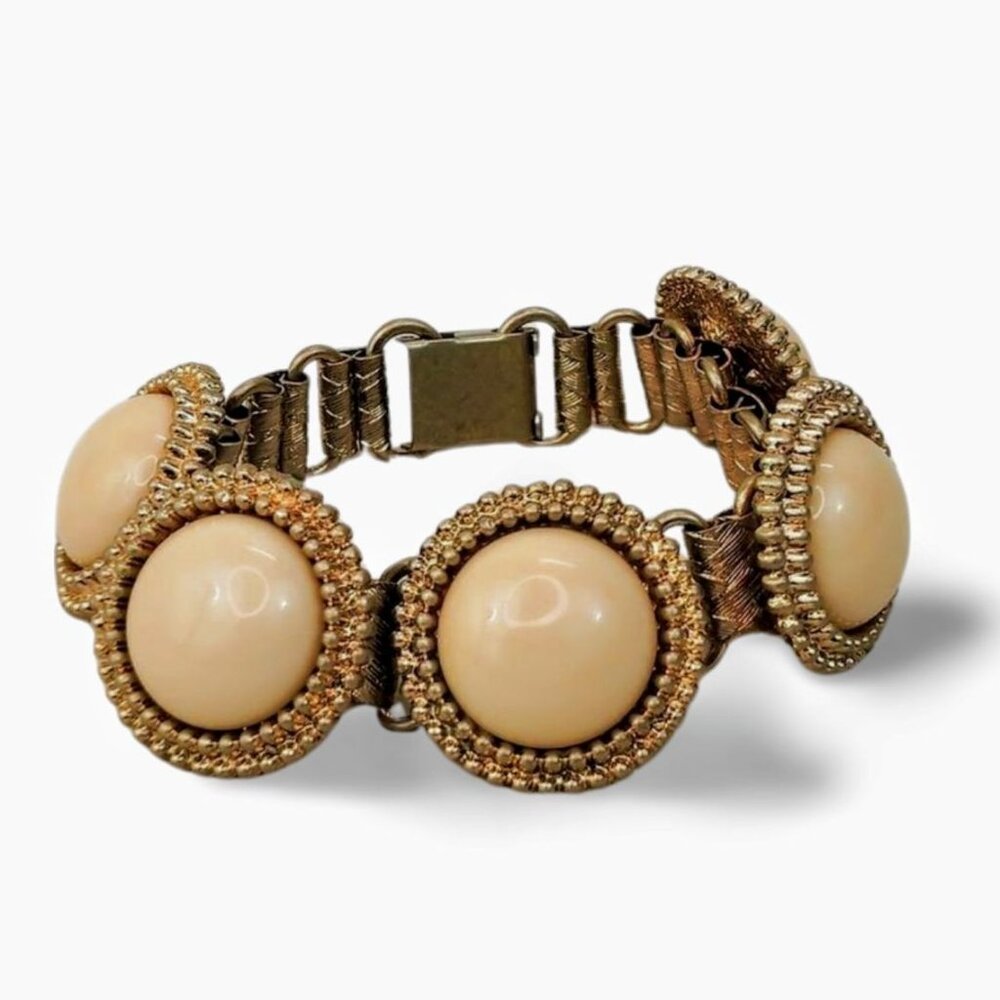 Bold Deadstock 8” Gold Tone Crown Bubble Cabochons Statement Bracelet JW1547